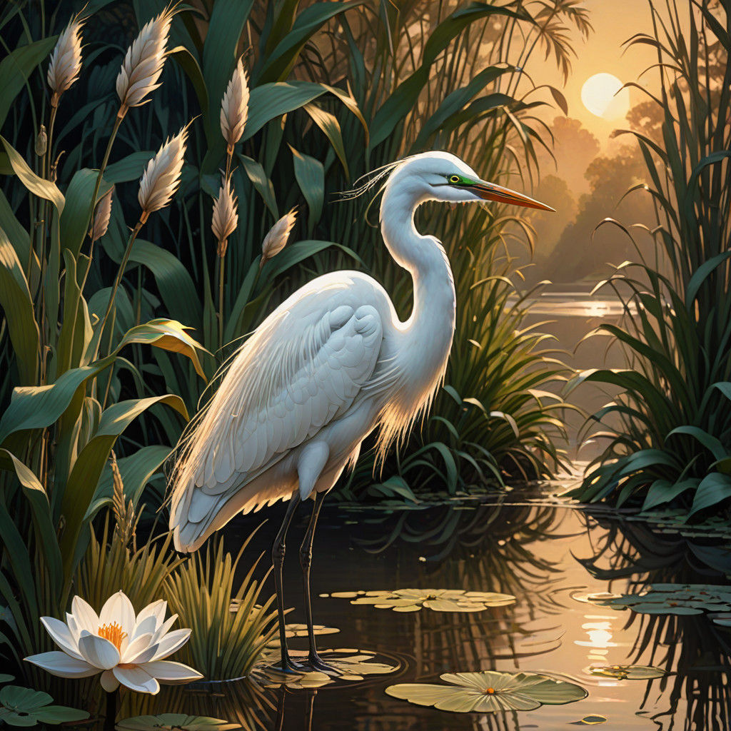 lora:Moods of smoke:1.0 lora:Art Deco Nouveau:1.0 a river inlet at dusk, tall reeds lotus swamp fauna lilipads *white eg...