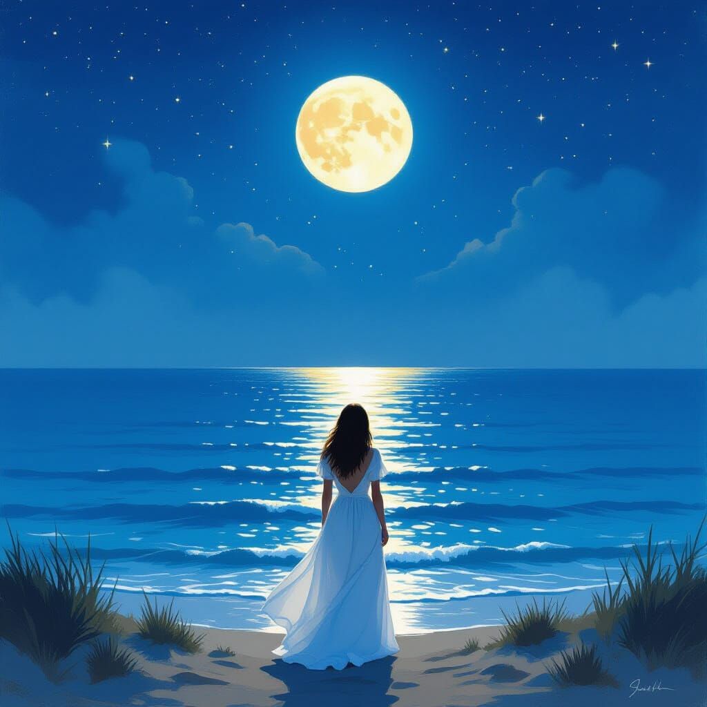 Woman by Moonlit Sea: Impressionistic Art