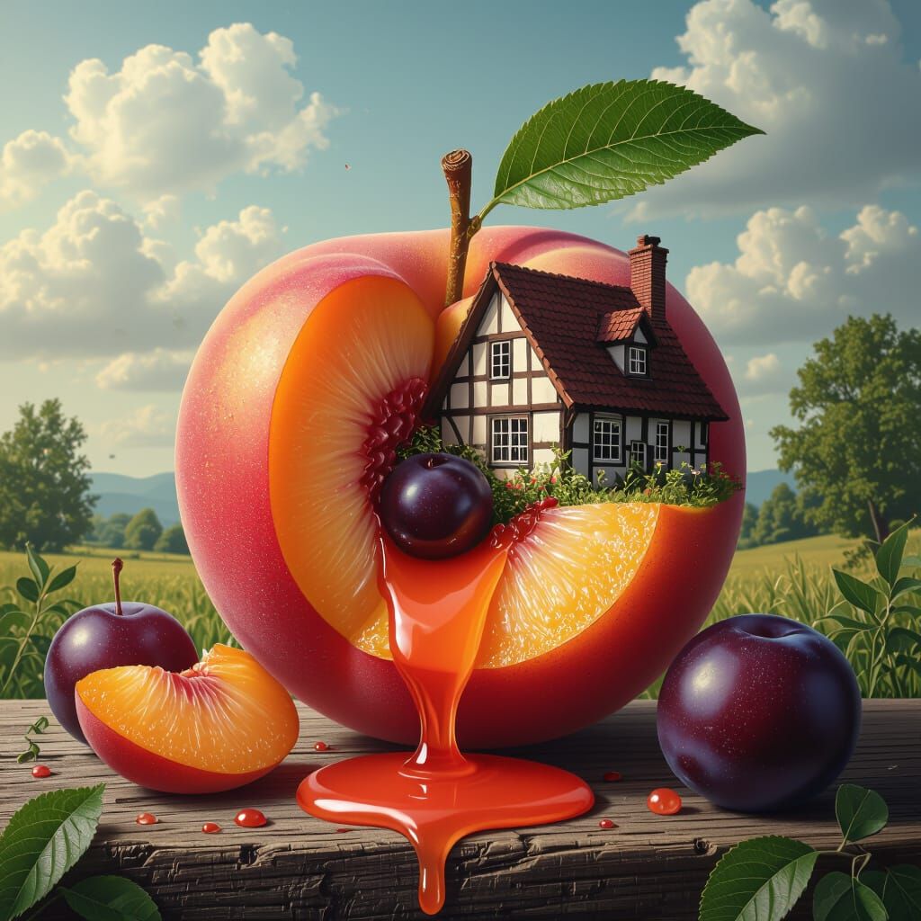 Hyperrealistic Cross-Section of Bleeding Fruit and Cottage