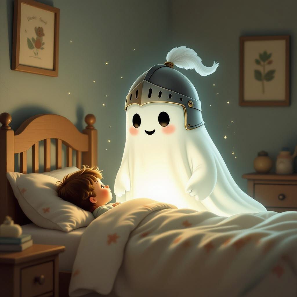 Friendly Ghost Knight Guards Child's Bed