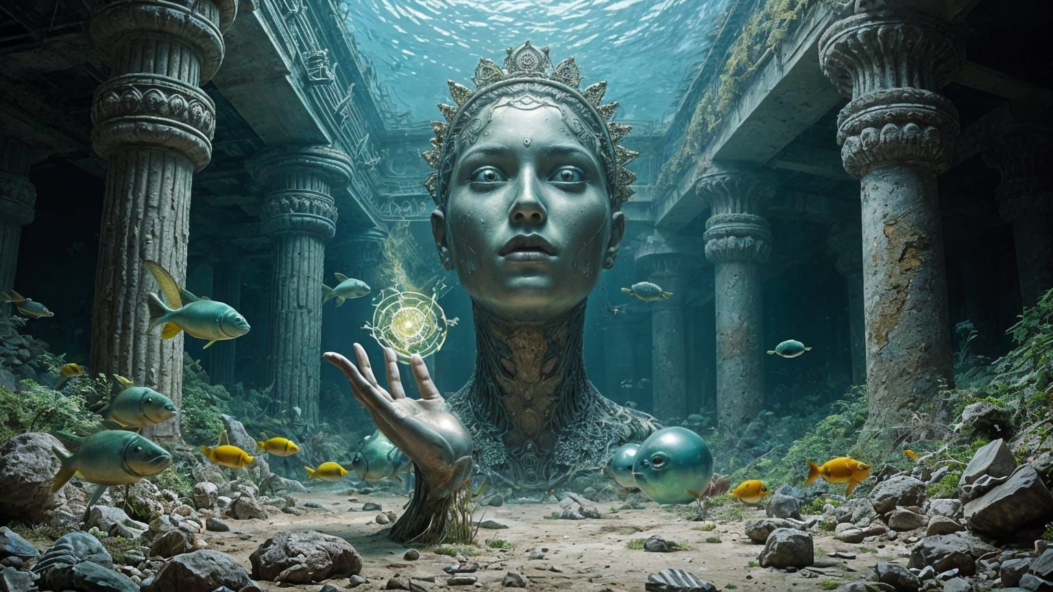 Surreal Chrome Face in Forest Undersea Temple