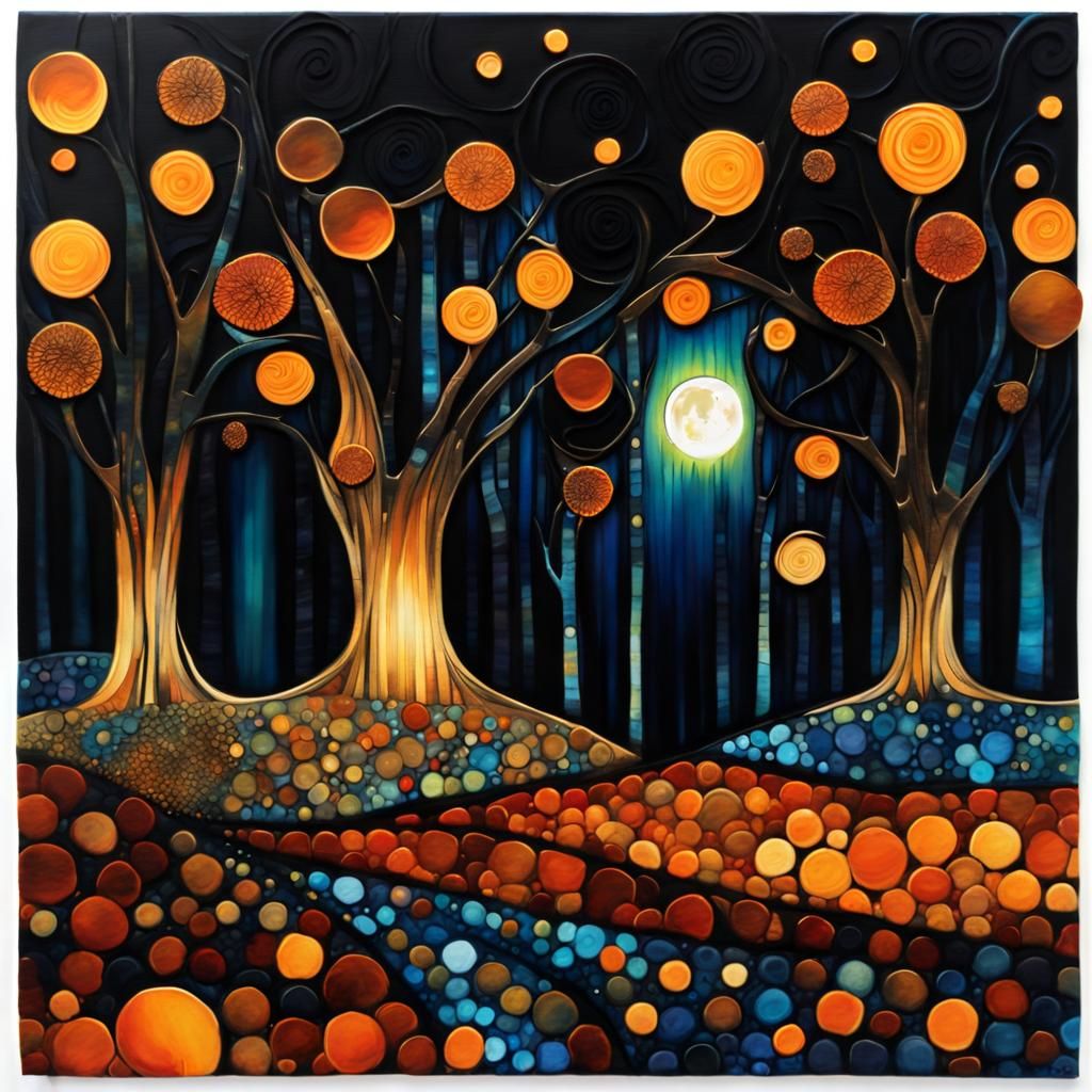 Moonlit Arabesque Forest Trees in Impasto Alcohol Ink