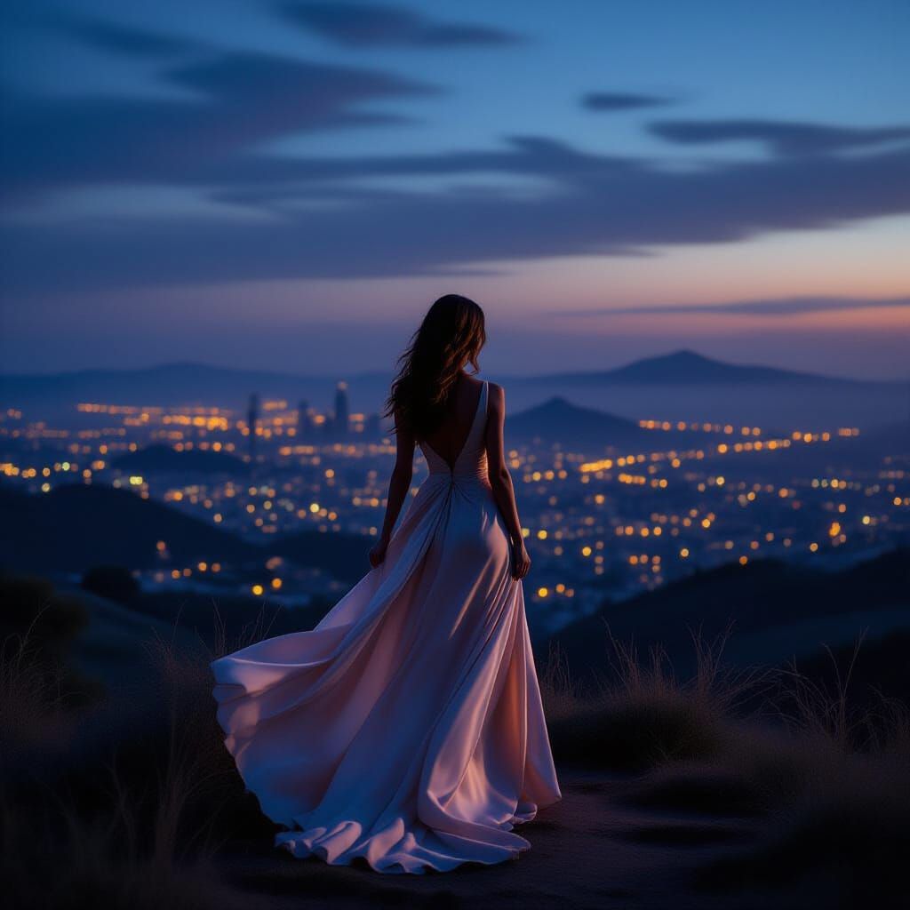 Woman in Silk Dress Overlooking City at Dawn