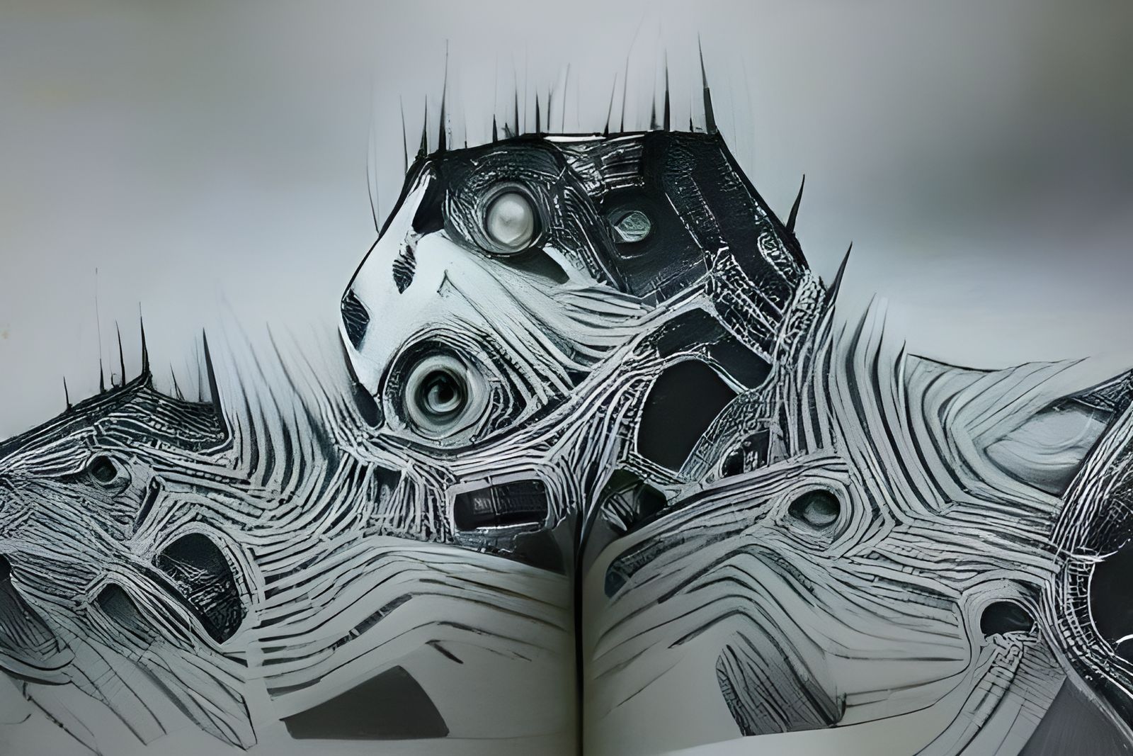 Geometric Steel Organism in Black and White Ink