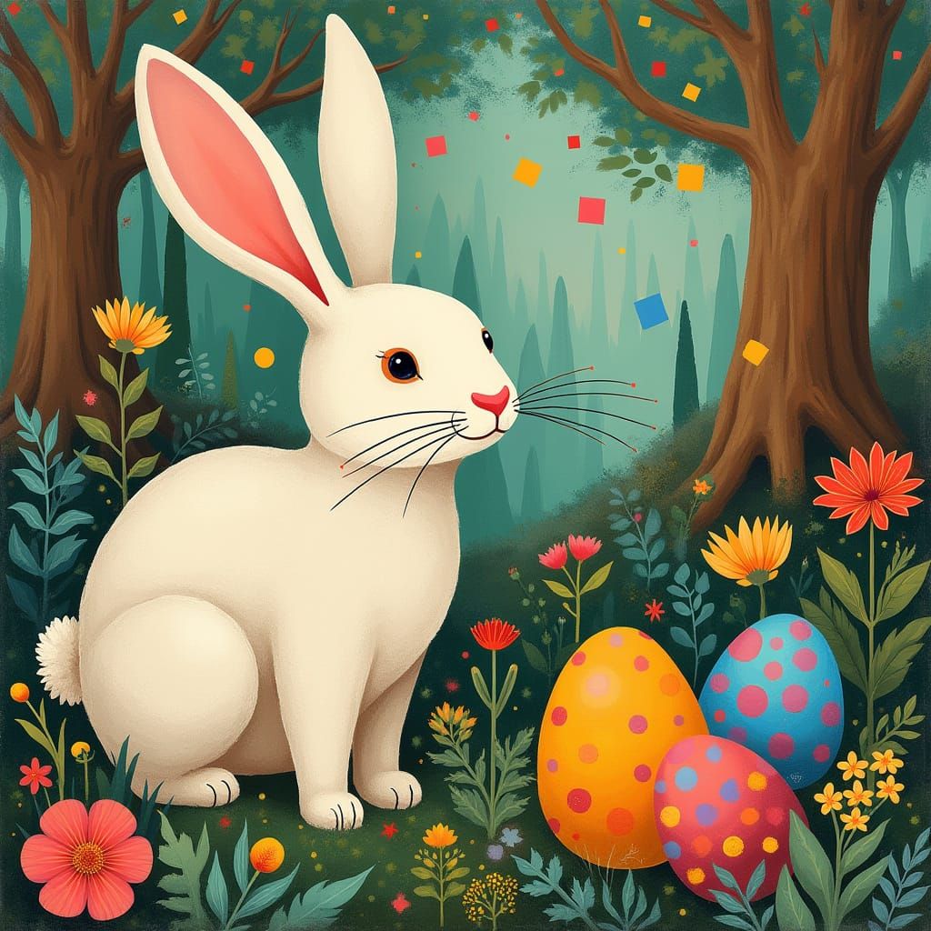 Surreal Easter Bunny Amidst Whimsical Abstract Squares in Na...