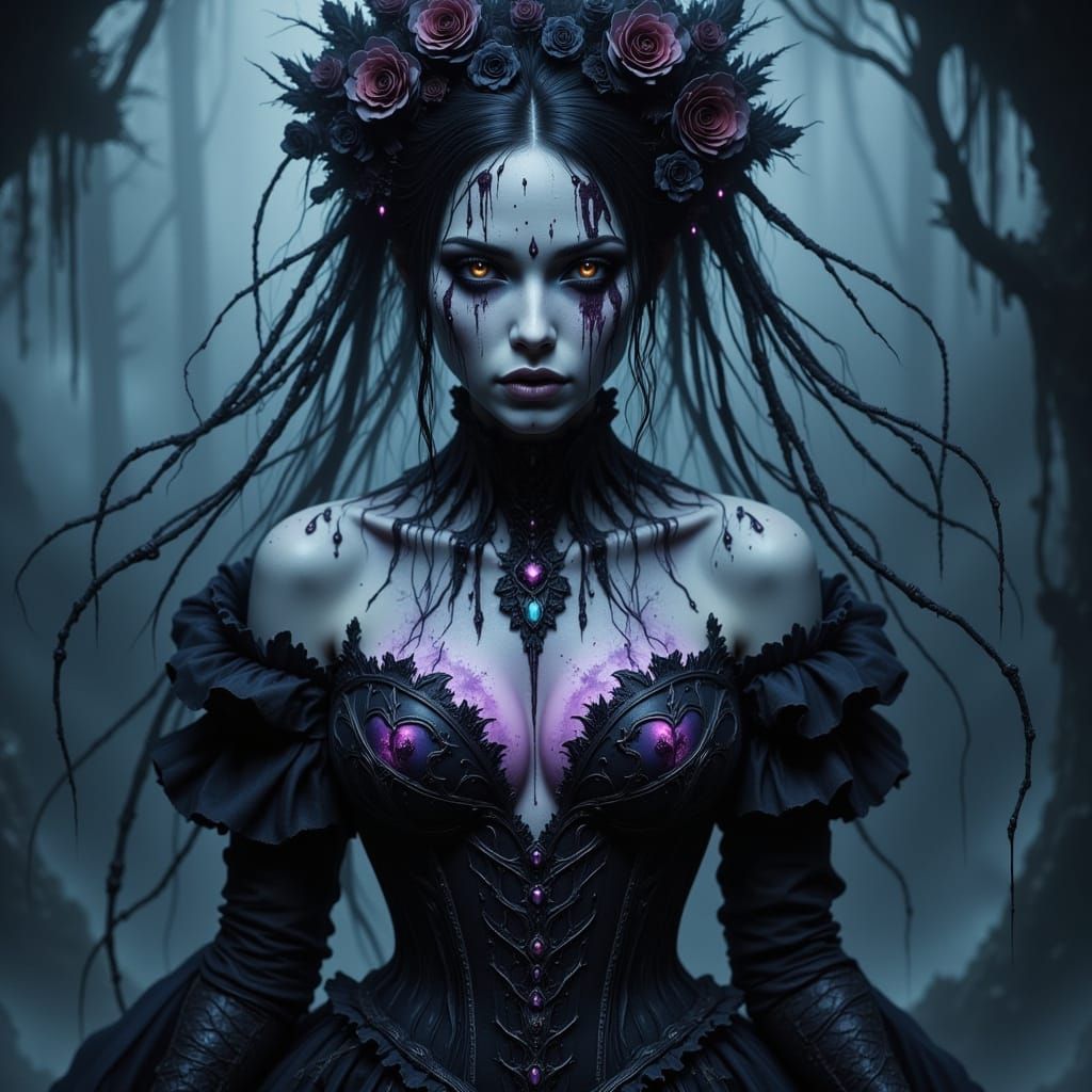 Mysterious Illusionist in Glass Heart Corset, Veil, and Blee...