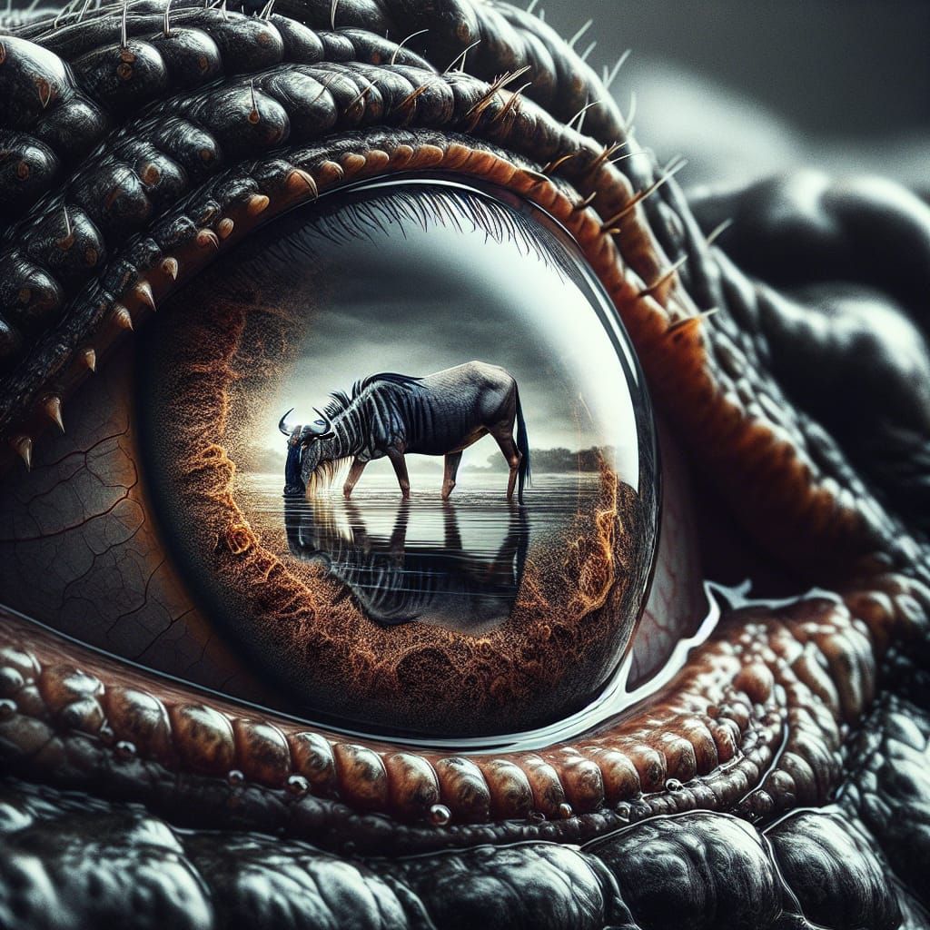 Alligator Eye Reflects Wildebeest in Hyperrealistic Detail