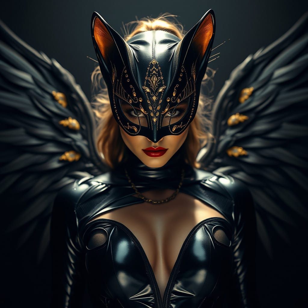 Gorgeous woman in black catsuit, feathered black gold wings, sharp focus, front lighting, intense shadows, extrem...