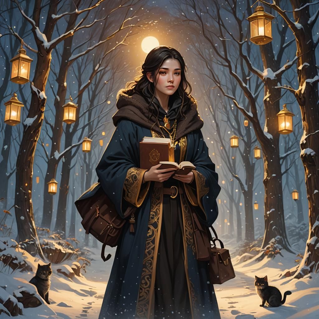 Dark Fantasy Girl with Books in Snowy Forest