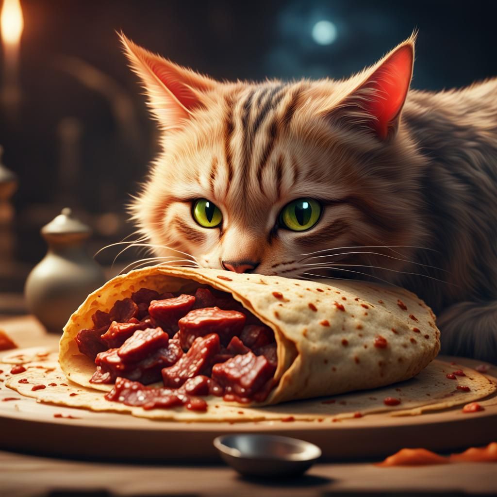 Cat Eats Meat Tortilla: Detailed Matte Painting