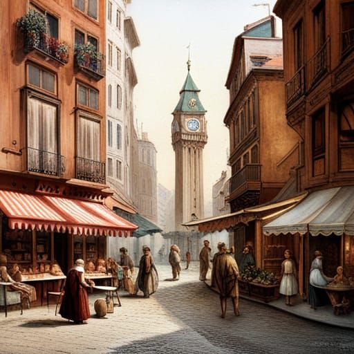 Dark Fantasy Cityscape with Clock and Fountain