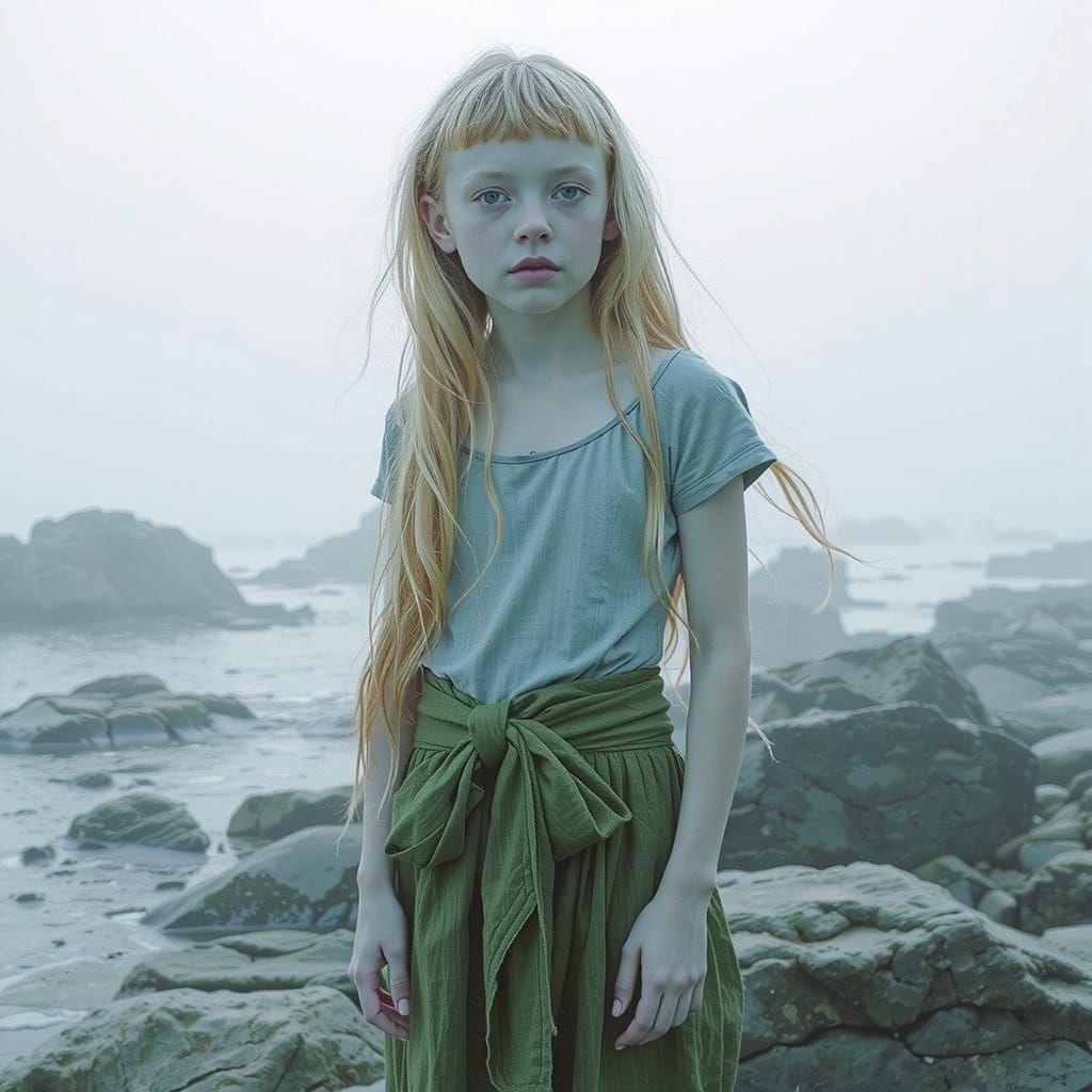 Eerie Green-Haired Girl by the Sea