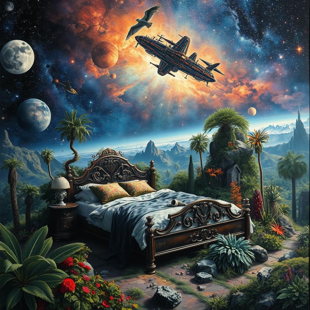 Cosmic Bedroom Landscape in Oil Painting Style