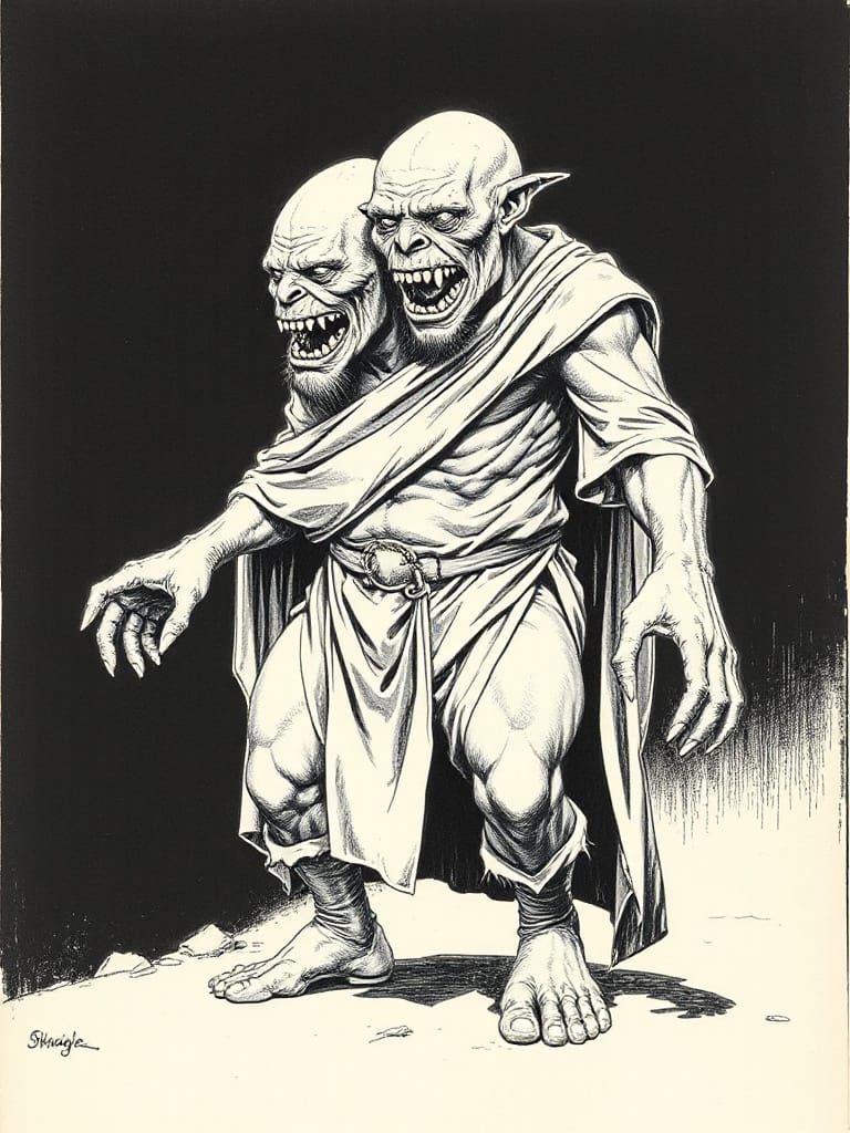 Two-Headed Ogre in Crosshatch Etching Style