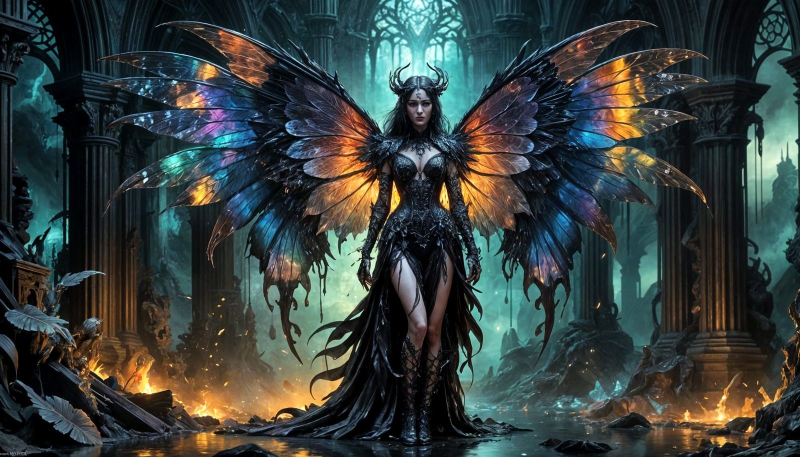 Showgirl with Stained Glass Moth Wings in Dreamlike Setting