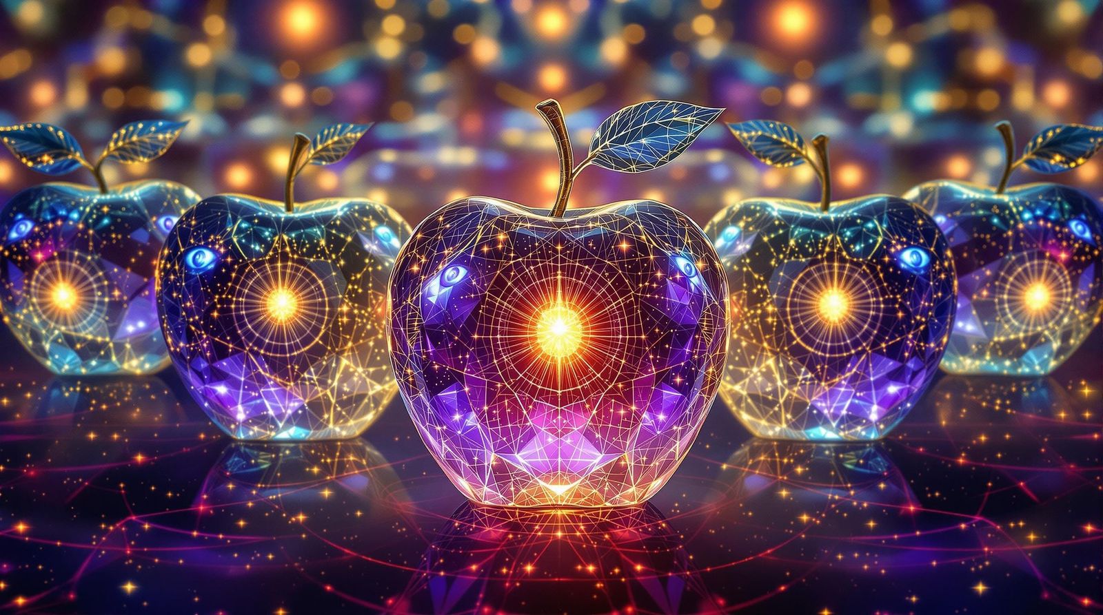 Majestic Cosmic Apple Arrangement in Surrealist Style