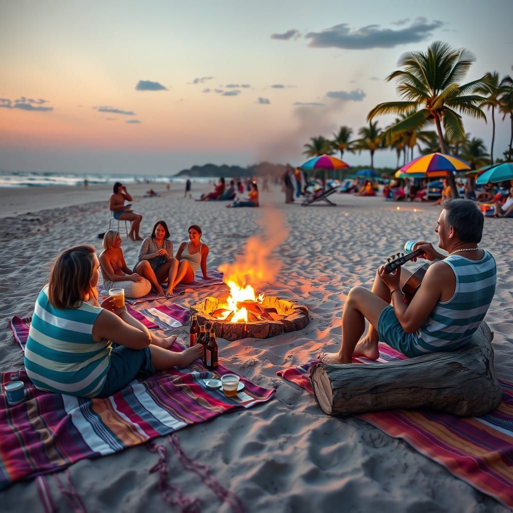 Warm Beach Bonfire Scene in Vibrant Colors