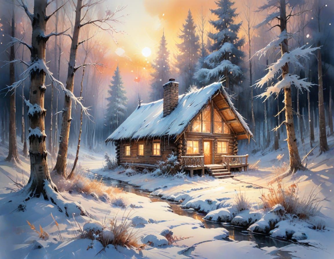 Winter Cabin Sunset in Watercolour Style