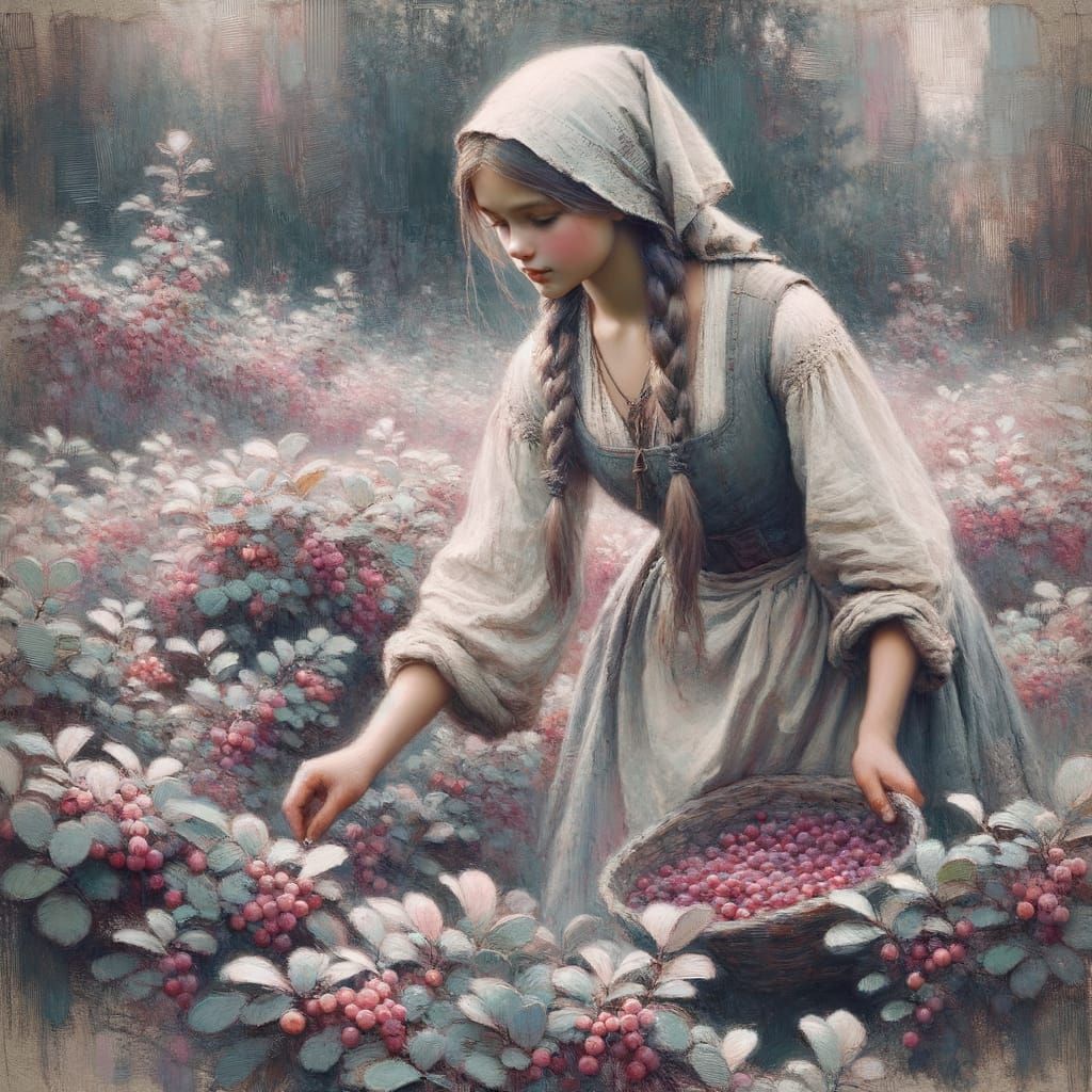 Young Village Girl Gathering Cranberries in a Verdant Landsc...
