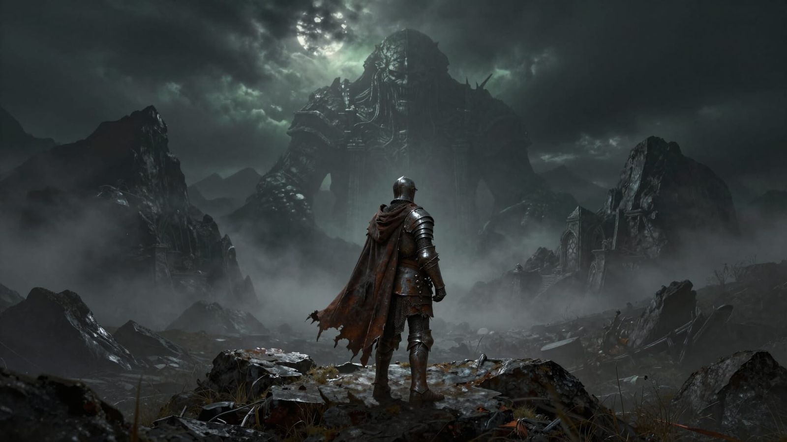 Gothic Knight Faces Colossal Golem in Stormy Fantasy Landsca...