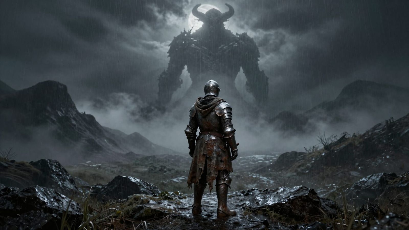 Knight Faces Colossal Golem in Gothic Apocalypse
