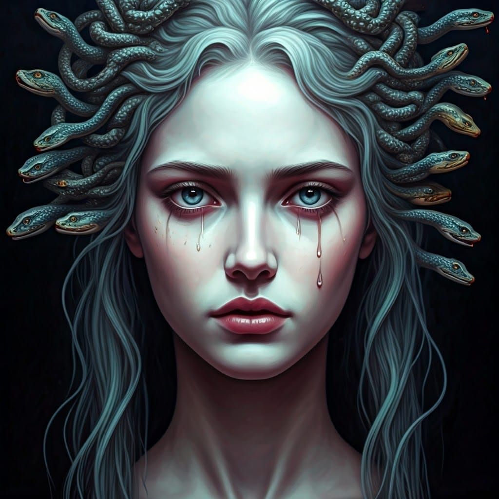 Weeping Medusa Portrait in Hyperrealistic Fantasy Style