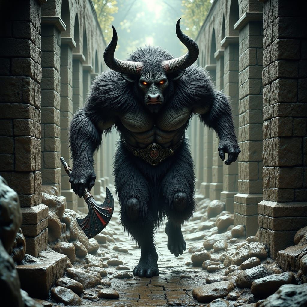 Minotaur Emerges: Dark Fantasy Illustration