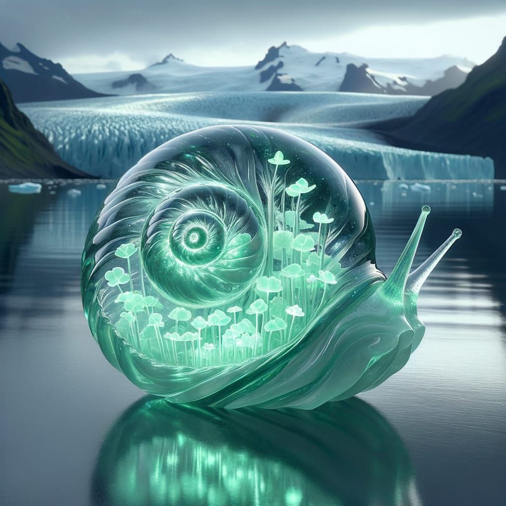 Bioluminescent Flowers in Jade Snail Shell Sculpture