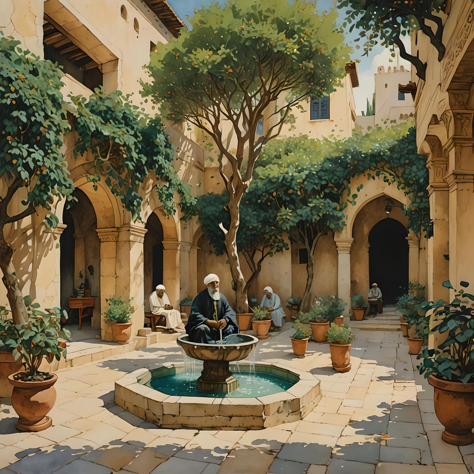 Arab Courtyard with Fig Trees: Gouache Watercolor Art