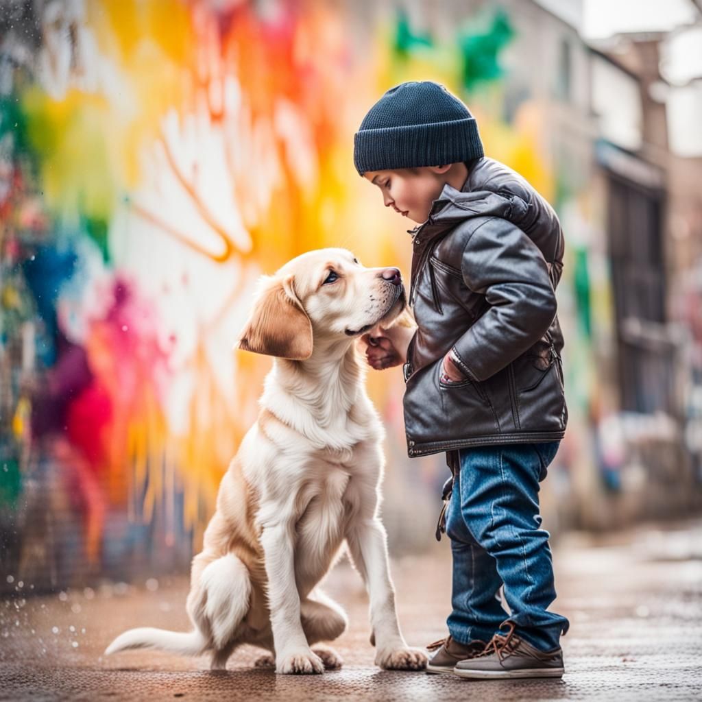 Child Meets Puppy: Watercolour Graffiti Art