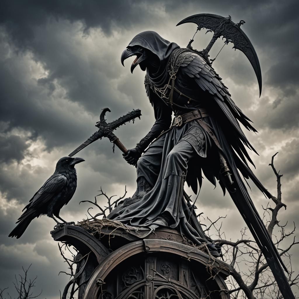 Raven on Grim Reaper Scythe: Hyperrealistic Composition
