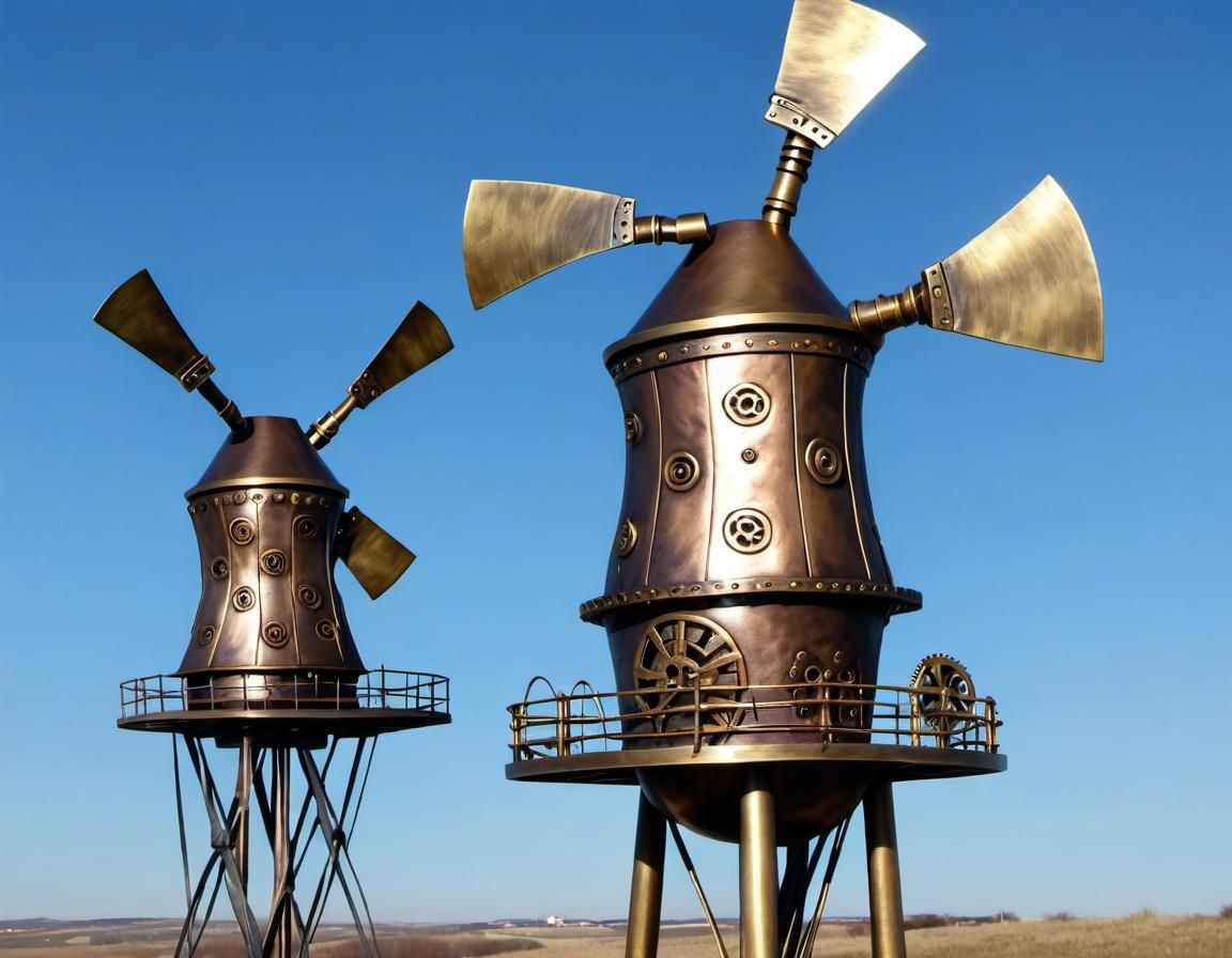 Metal Don Quixote and Steampunk Windmills Sculpture
