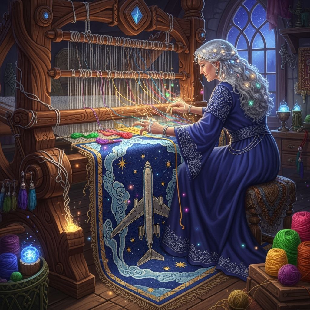 A magical weaver weaves a magic flying carpet