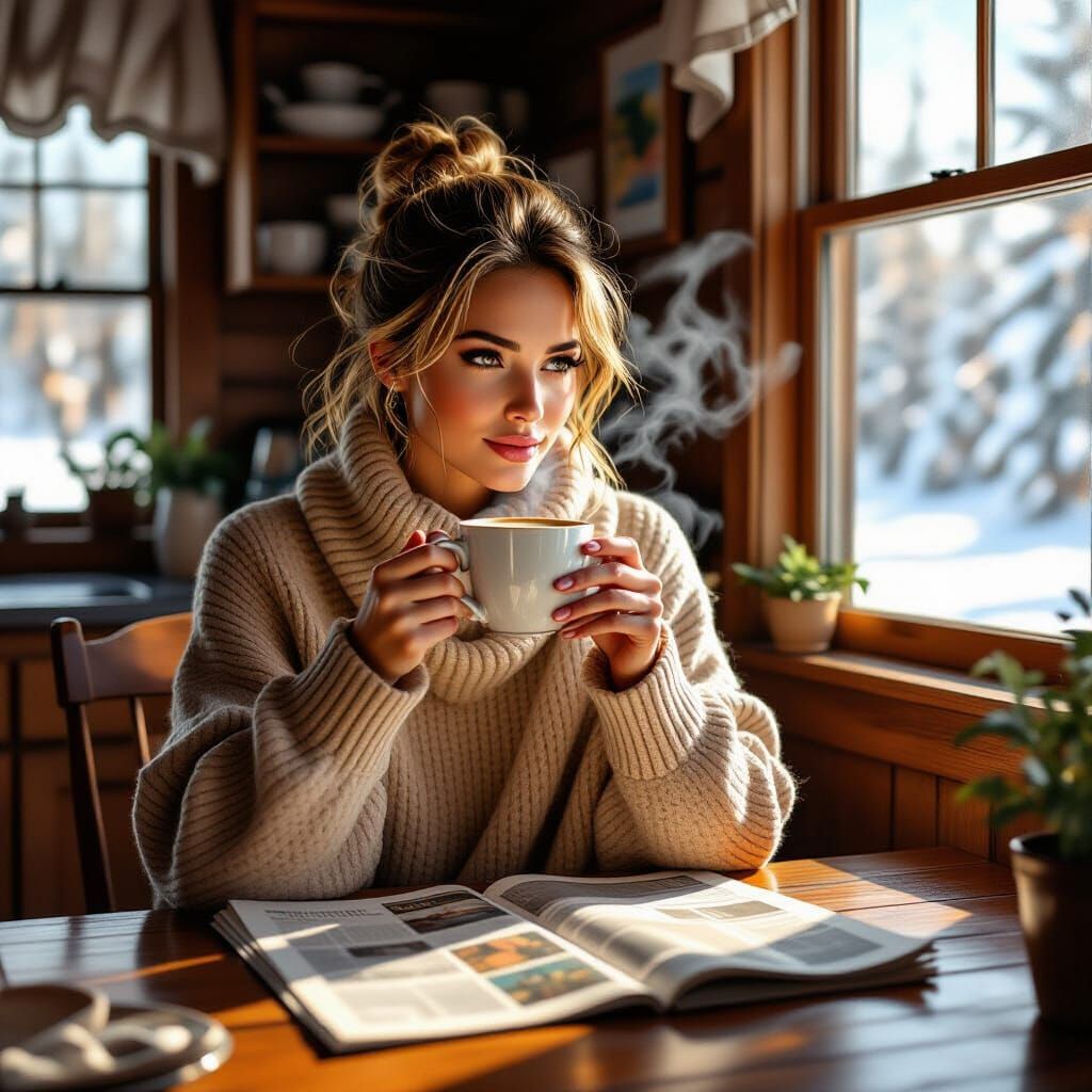 Cozy Cabin Scene: Woman Reading Newspaper in Sunlight