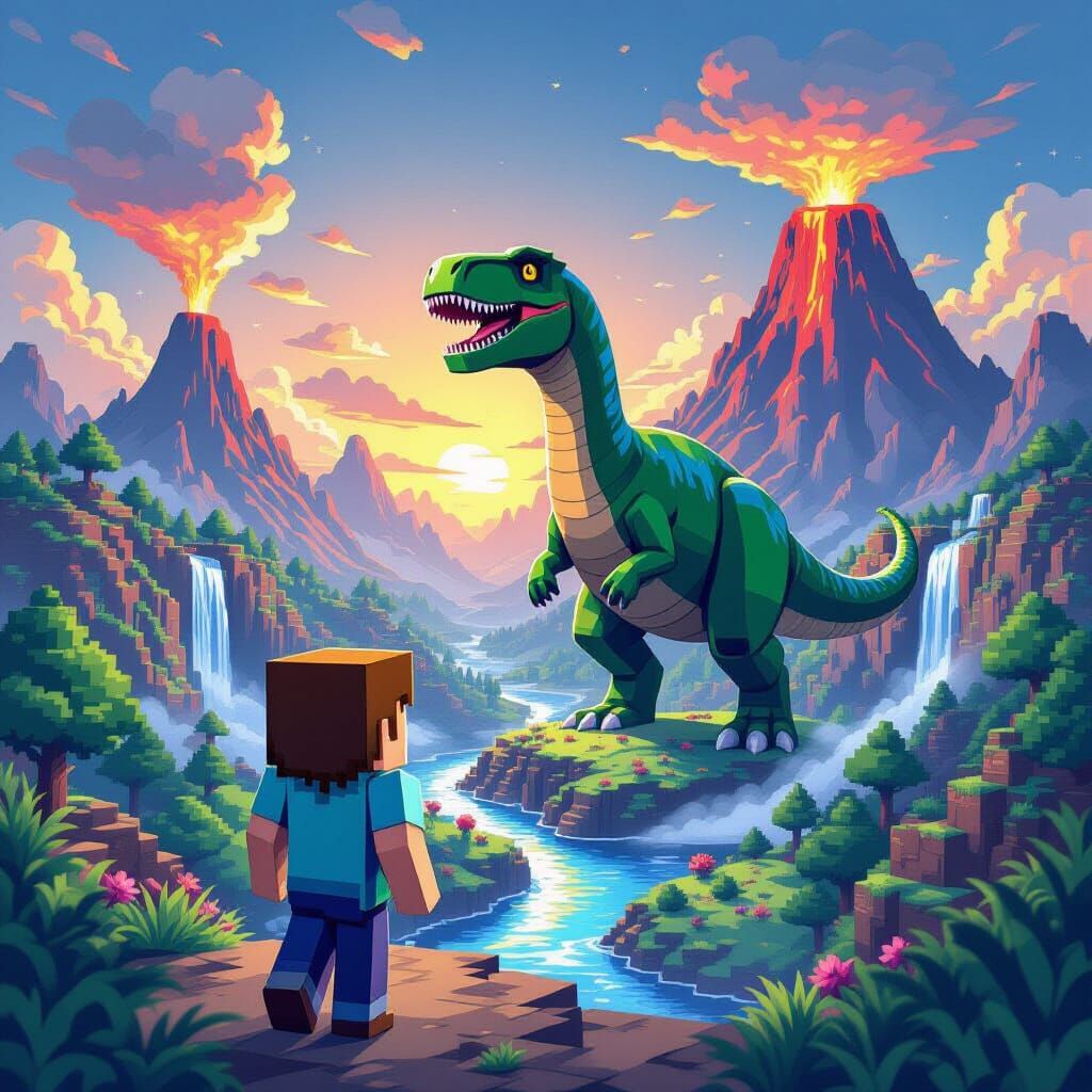 Minecraft Steve and the Jurassic Landscape
