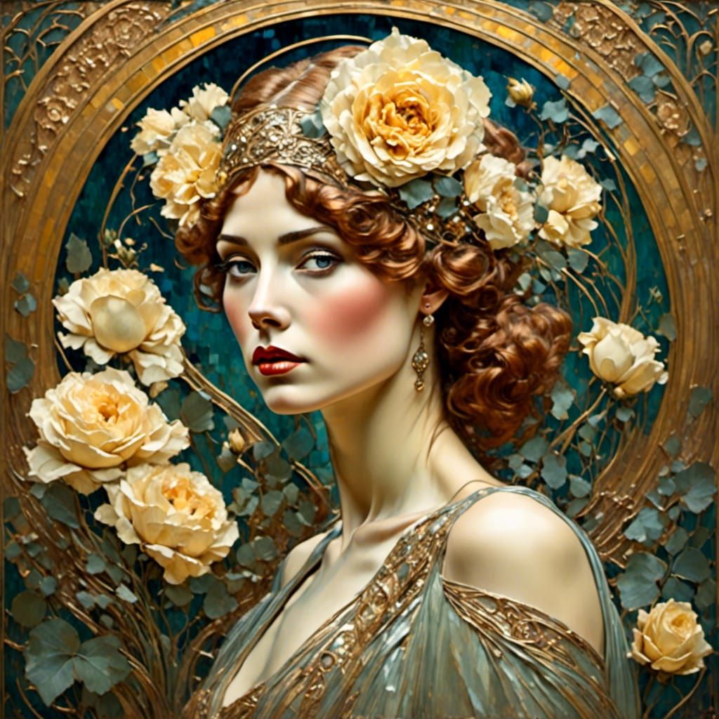 Ethereal Lady in Art Nouveau Rose Garden