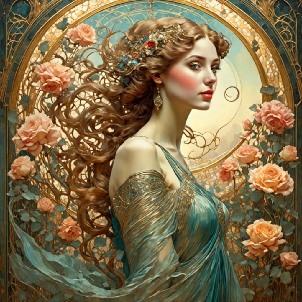 Art Nouveau Lady in Rose Garden
