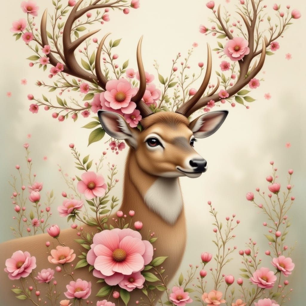 Elegant Deer Adorned with Flowers and Berries