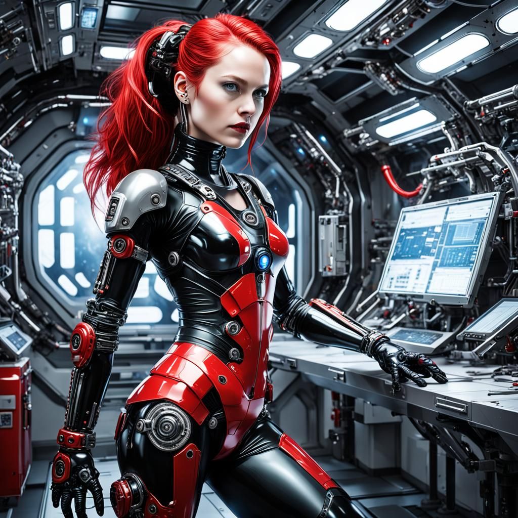 Android Cyborg Woman Working in Sci-Fi Space Station