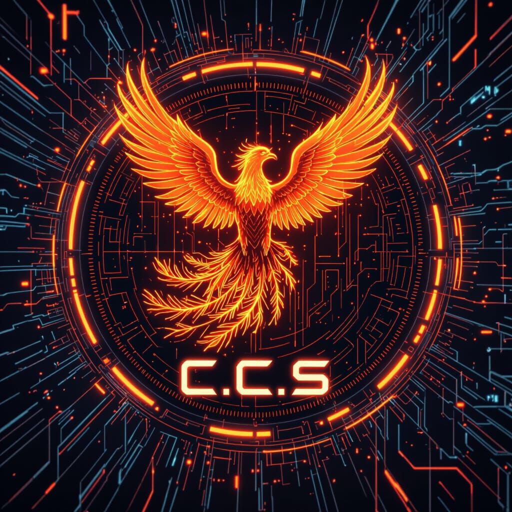 Futuristic Phoenix Emblem in Digital Flames & Data Streams