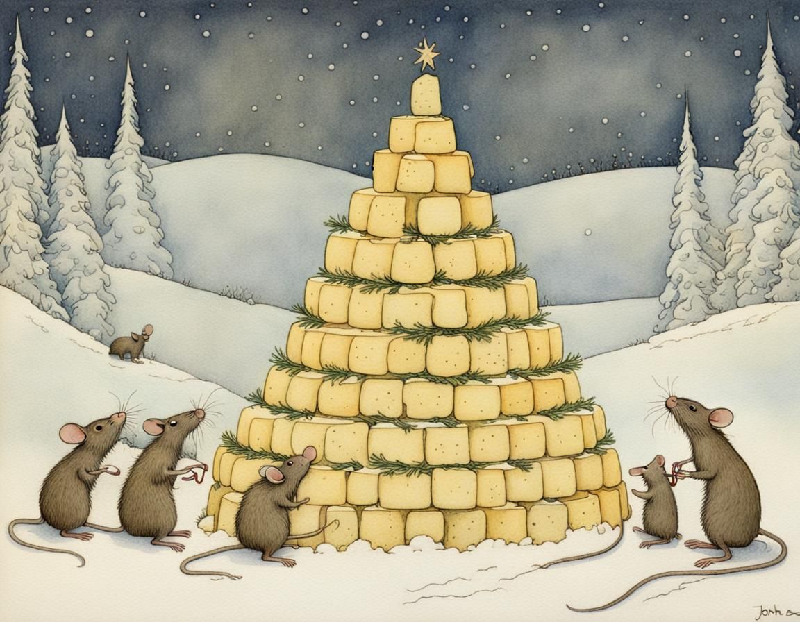 Mice Build Cheese Christmas Tree, Fairytale Illustration