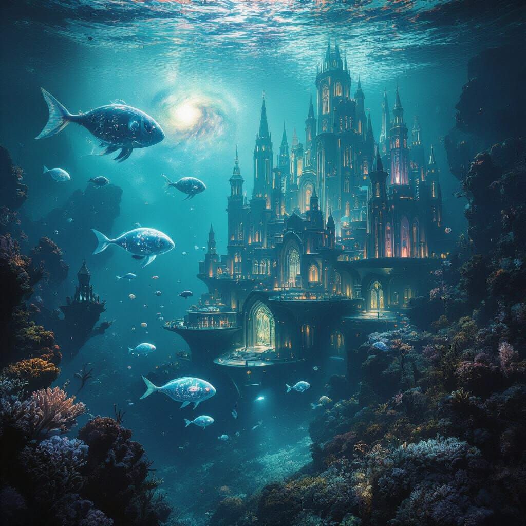 Bioluminescent Coral City with Ethereal Sea Creatures