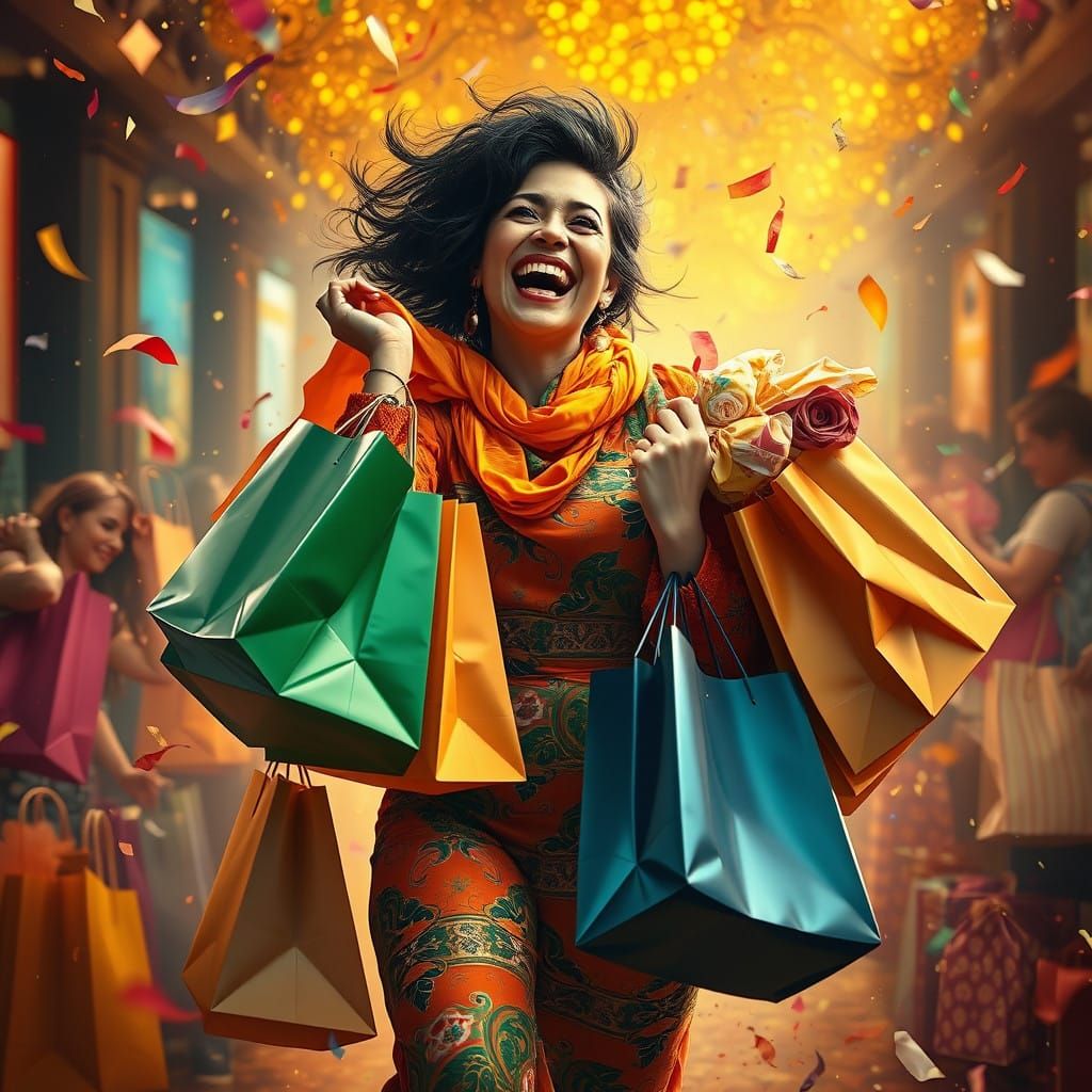 Vibrant Shopper Rejoices Amidst Fantasy Shopping Chaos