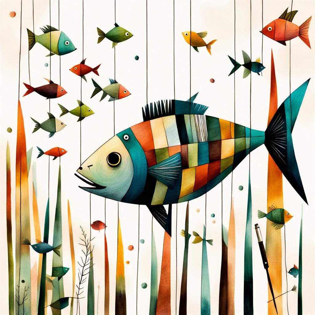 Stylized Fish and Scissors Sketch with Streaks of Paint