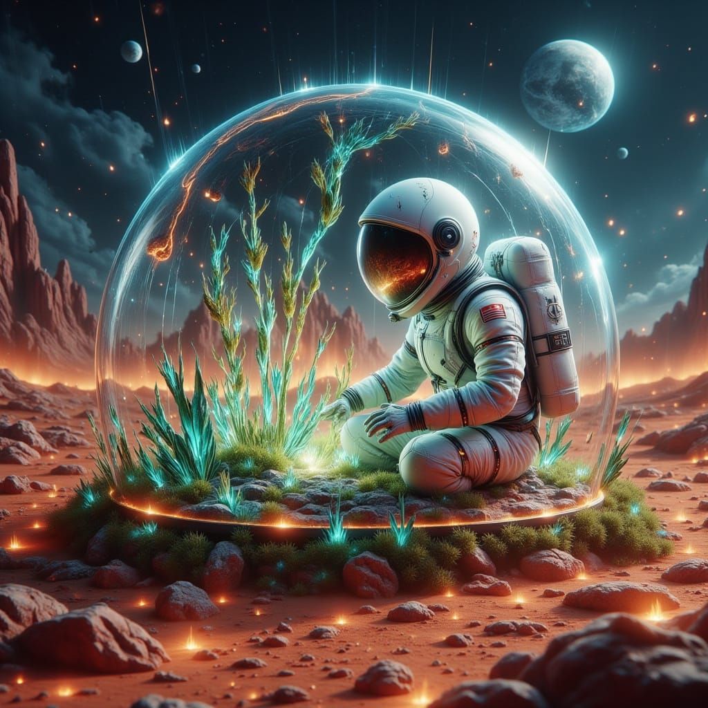 Astronaut's Glowing Garden on Mars: A Photorealistic Biodome