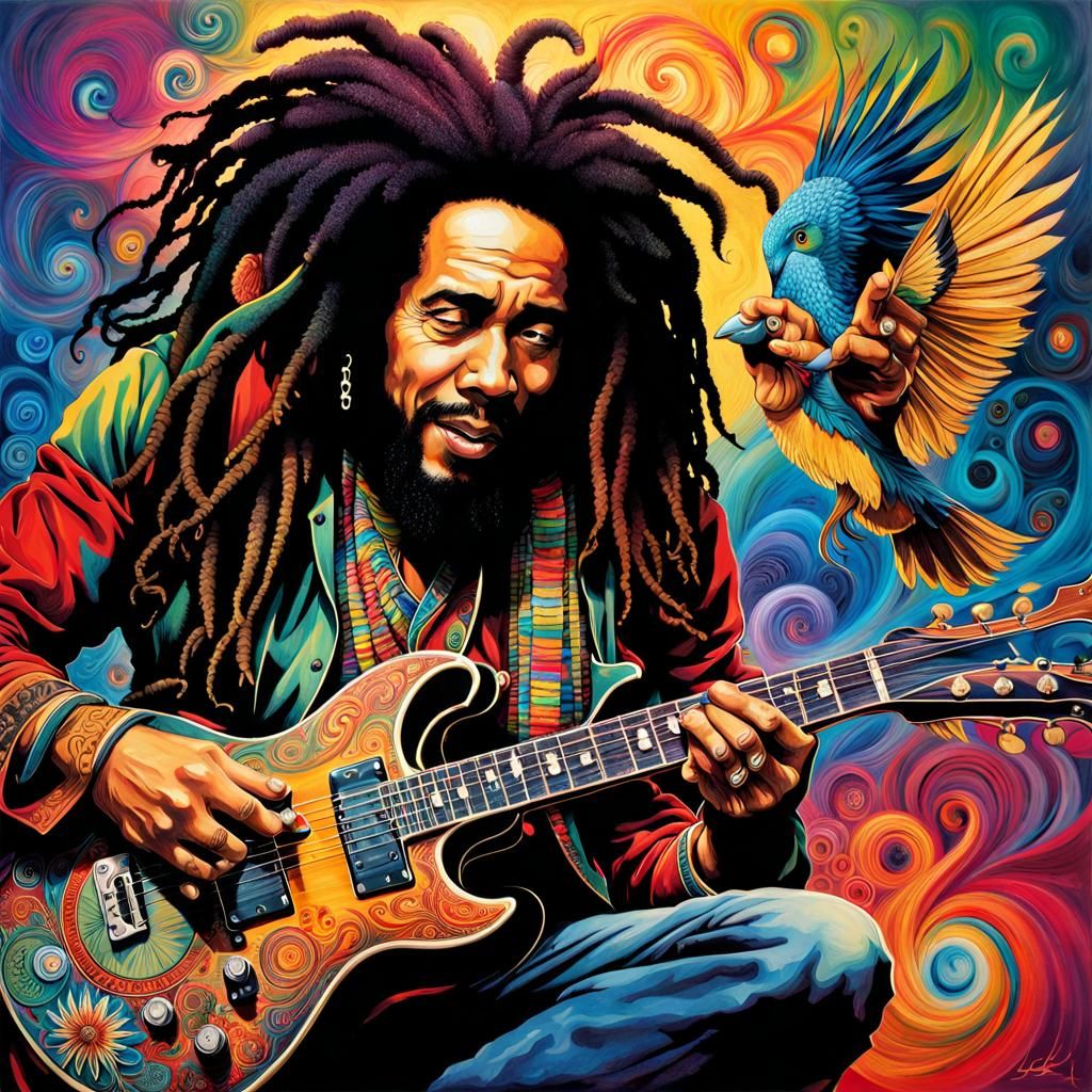 Colorful Birds Enjoying Bob Marley's Music