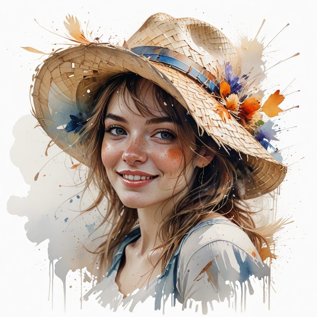 Girl in Straw Hat with Joyful Smile in Whimsical Watercolour...