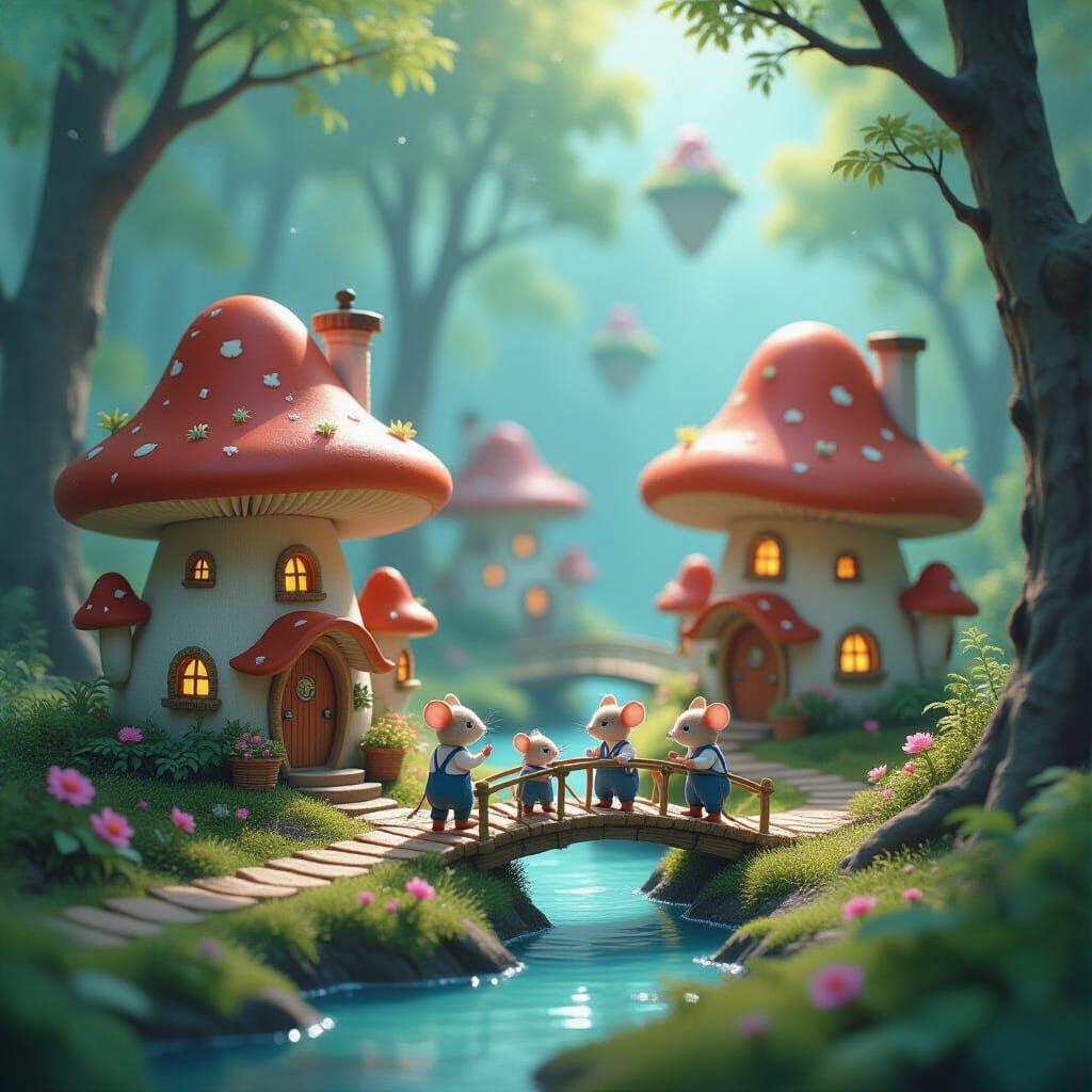 Magical Mushroom Village with Mice in Ethereal Forest Light