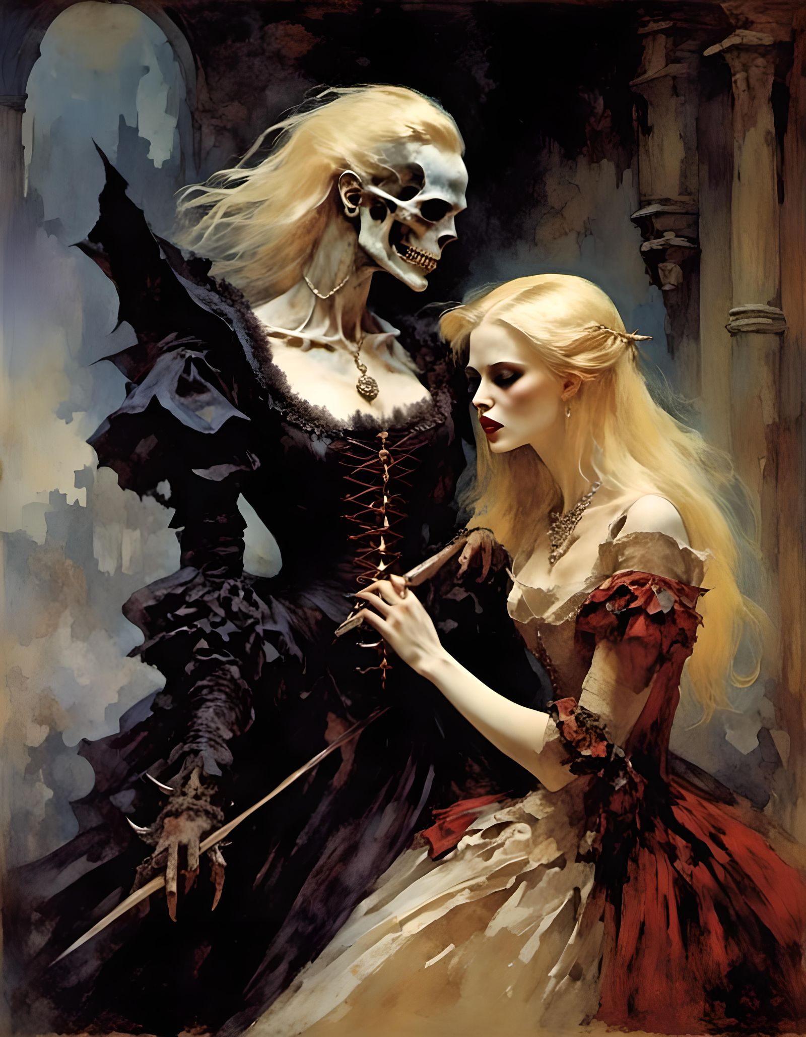 Gothic Vampire About to Bite a Blonde Woman