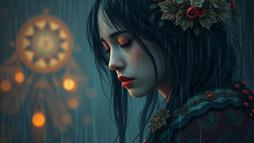 Ethereal Rain-soaked Lament in Cyberpunk Aesthetic